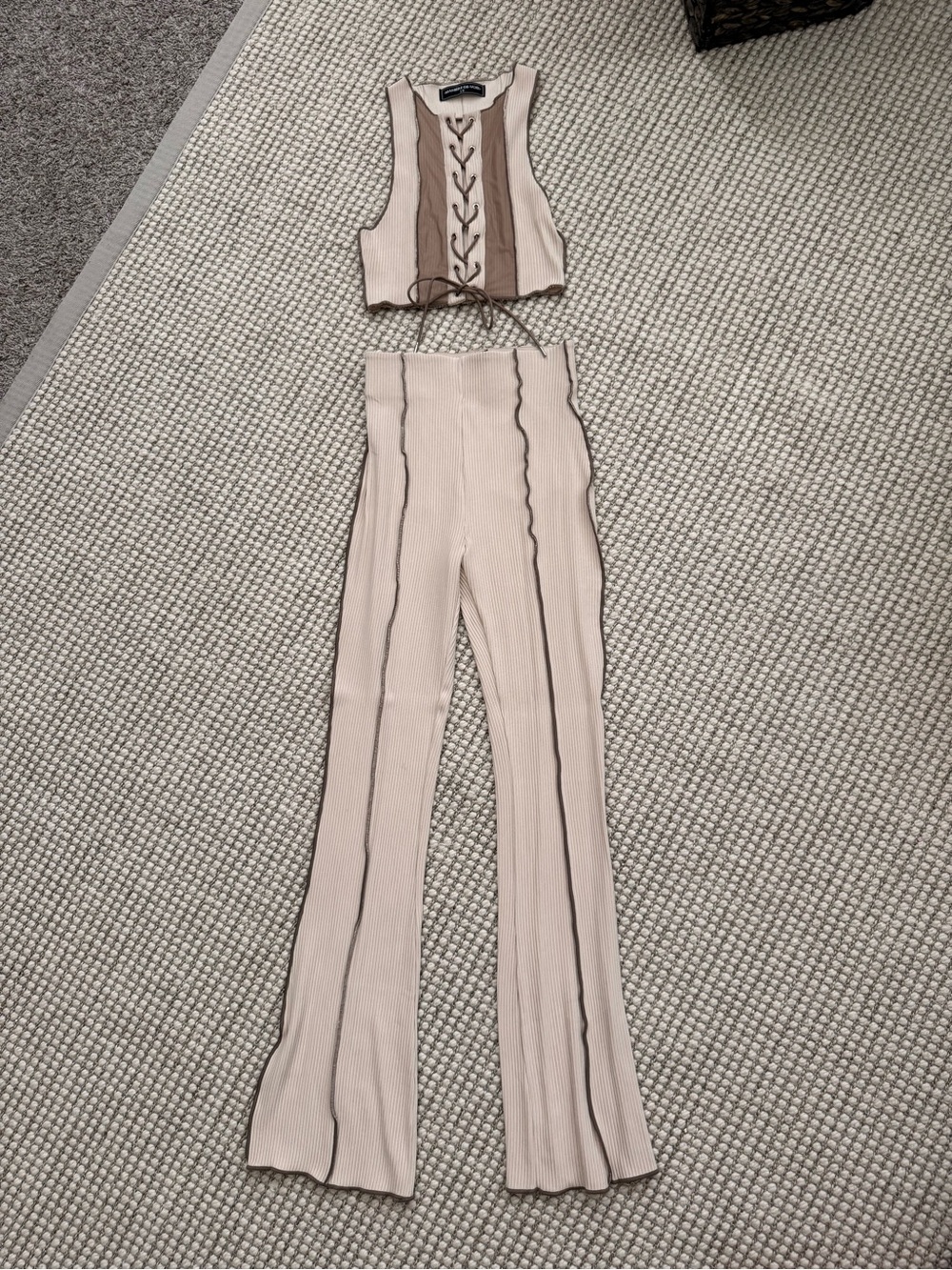 Manière De Voir Cream Ribbed Wide-Leg Pants with Contrasting Trim